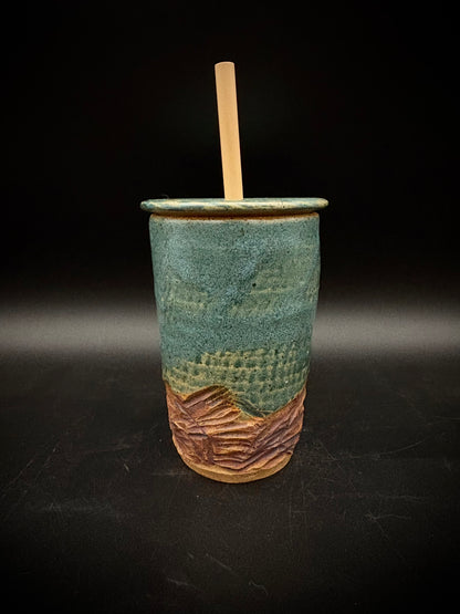 Antique blue rock climbing travel mug