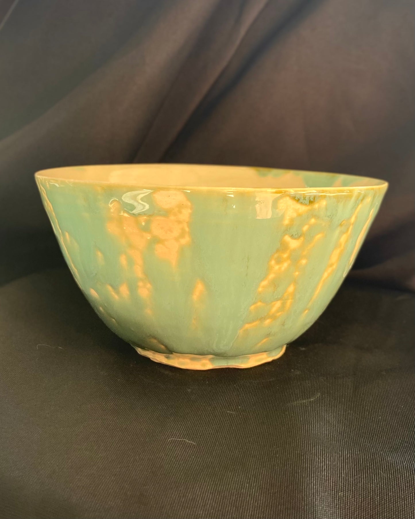 Handthrown wabi sabi ceramic ramen bowl, bubble glaze application with a robin's egg blue celadon. Celadon spots inside ramen bowl. Scarred foot that has been sanded and salvaged