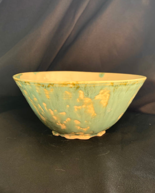 Handthrown ceramic ramen bowl, bubble glaze application with a robin's egg blue celadon. Celadon spots inside ramen bowl. Scarred foot sanded down.