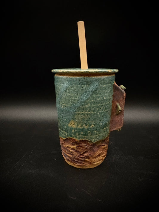 Antique blue rock climbing travel mug