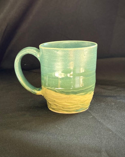 handthrown ceramic mug, blue satin sheen glaze, hand pulled handle and base, oceanic, iron oxide wash, celadon blue green, wabi sabi