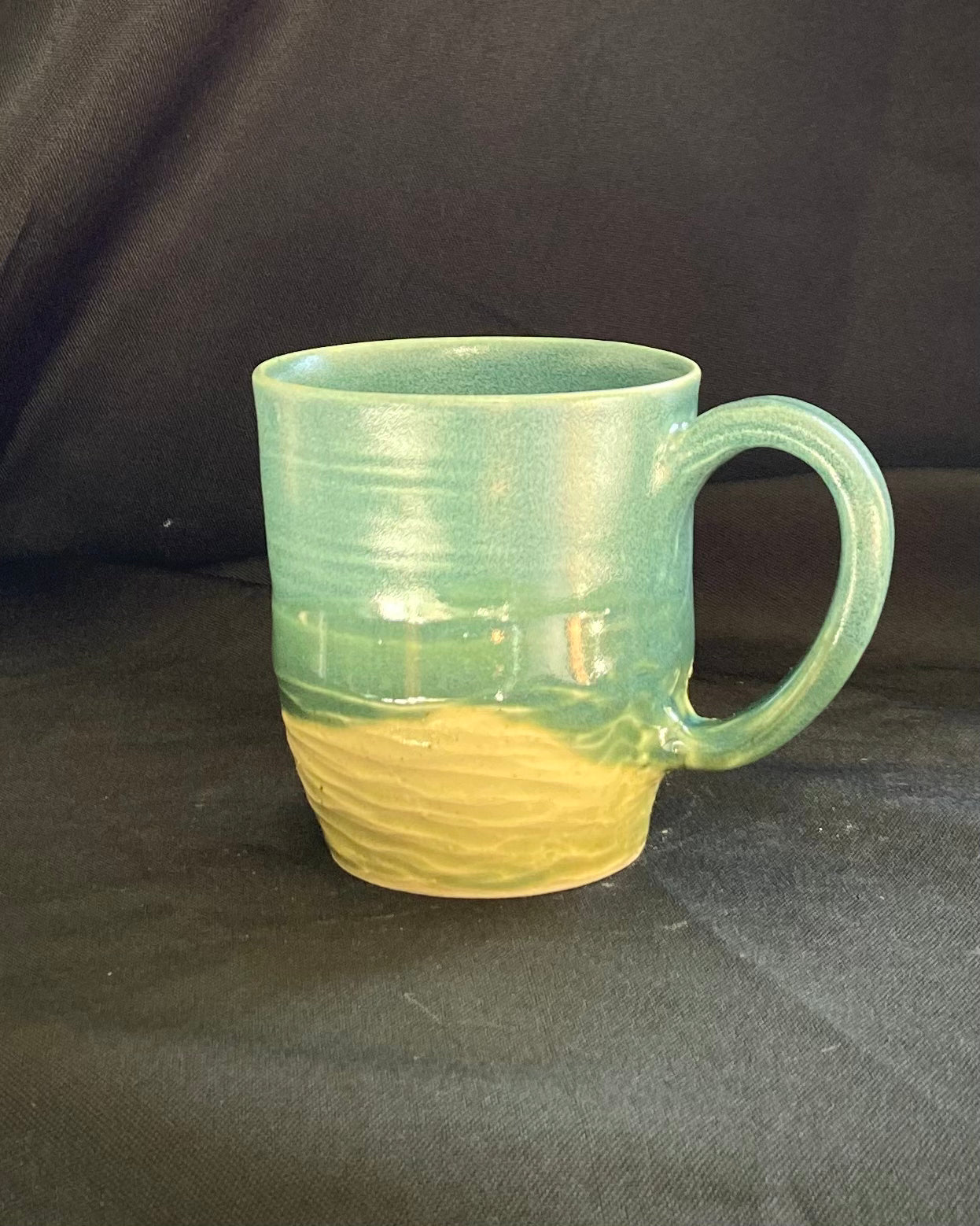 handthrown ceramic mug, blue satin sheen glaze, hand pulled handle and base, oceanic, iron oxide wash, celadon blue green, wabi sabi