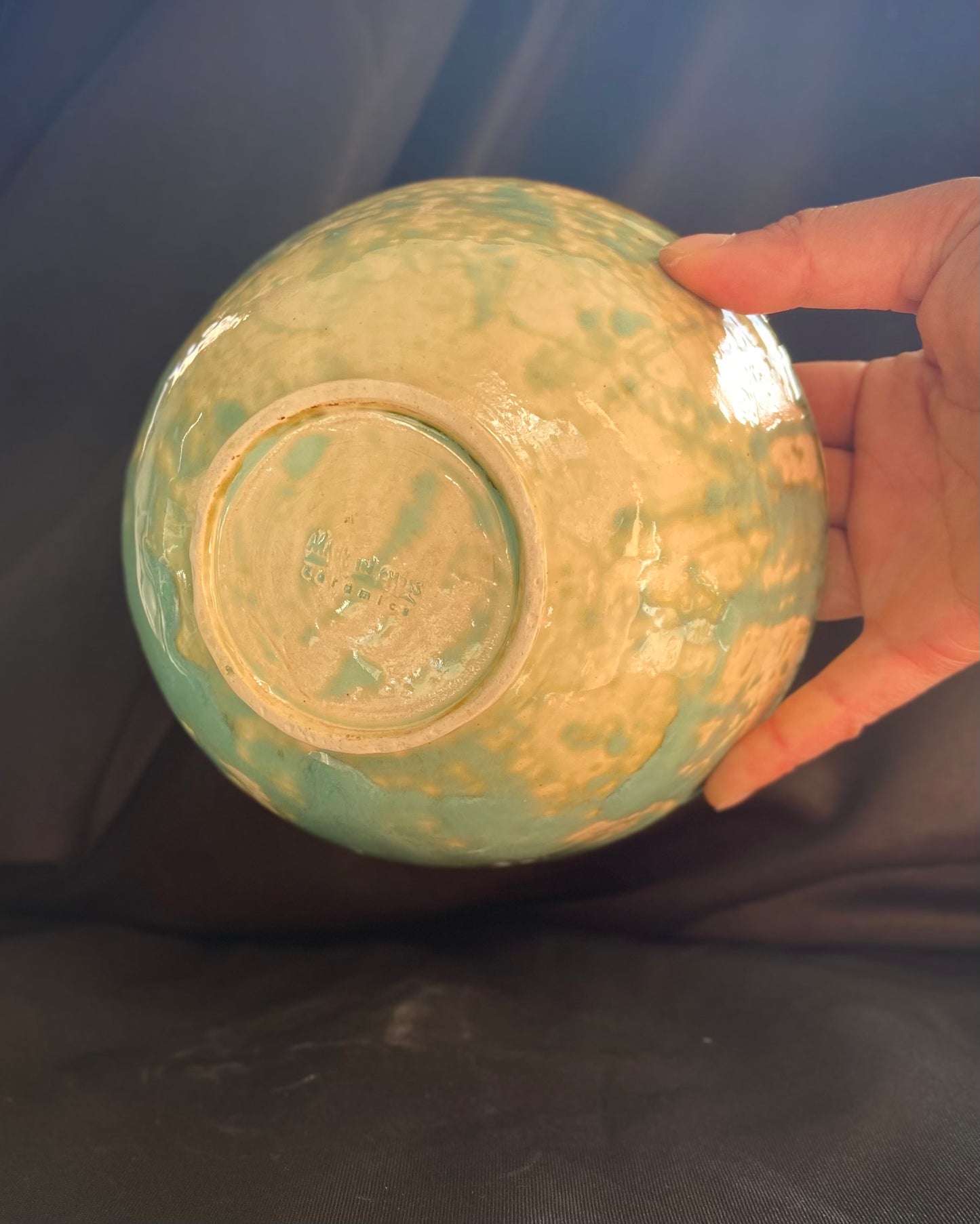 Handthrown wabi sabi ceramic ramen bowl, bubble glaze application with a robin's egg blue celadon. Celadon spots inside ramen bowl. Scarred foot that has been sanded and salvaged.