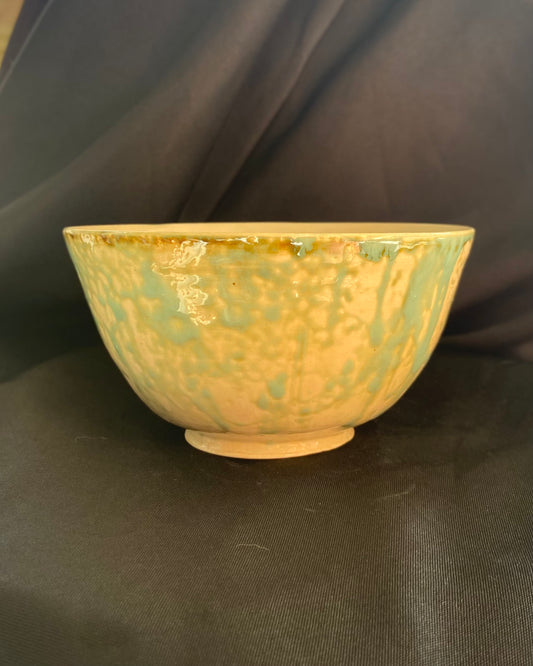 Handthrown wabi sabi ceramic ramen bowl, bubble glaze application with a robin's egg blue celadon. Celadon spots inside ramen bowl. Scarred foot that has been sanded and salvaged.