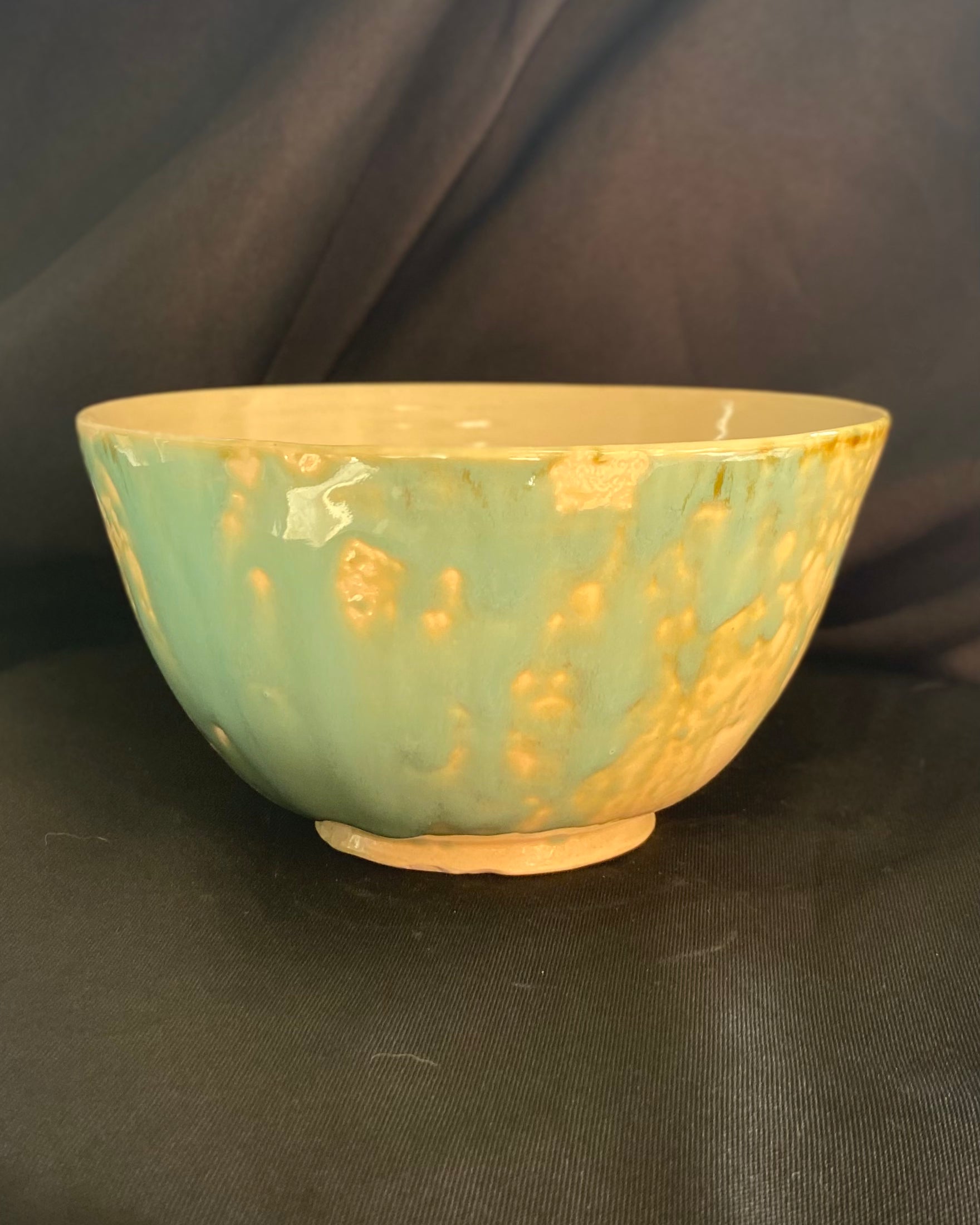 Handthrown wabi sabi ceramic ramen bowl, bubble glaze application with a robin's egg blue celadon. Celadon spots inside ramen bowl. Scarred foot that has been sanded and salvaged.