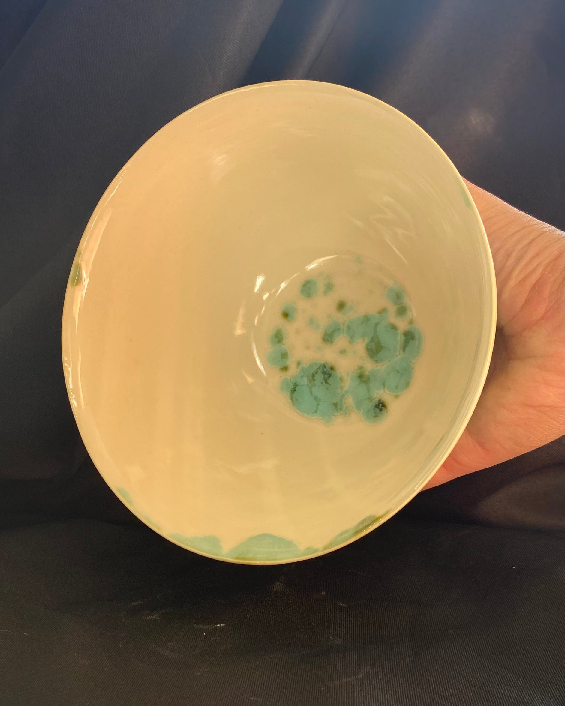 Handthrown wabi sabi ceramic ramen bowl, bubble glaze application with a robin's egg blue celadon. Celadon spots inside ramen bowl. Scarred foot that has been sanded and salvaged