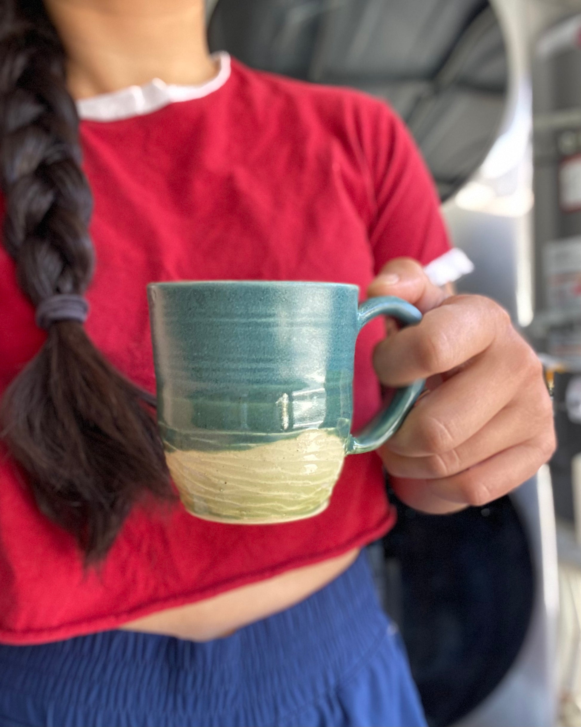 handthrown ceramic mug, blue satin sheen glaze, hand pulled handle and base, oceanic, iron oxide wash, celadon blue green, wabi sabi