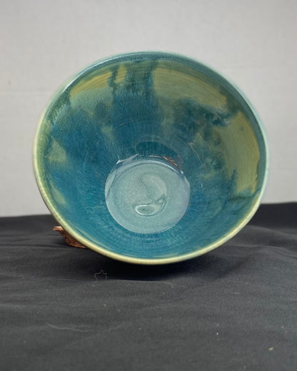 Handmade ceramic ocean bowl with hand-carved ripple texture, and antique blue satin and celadon froth gloss glaze