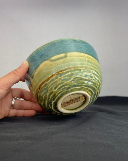 Handmade ceramic ocean bowl with hand-carved ripple texture, and antique blue satin and celadon froth gloss glaze