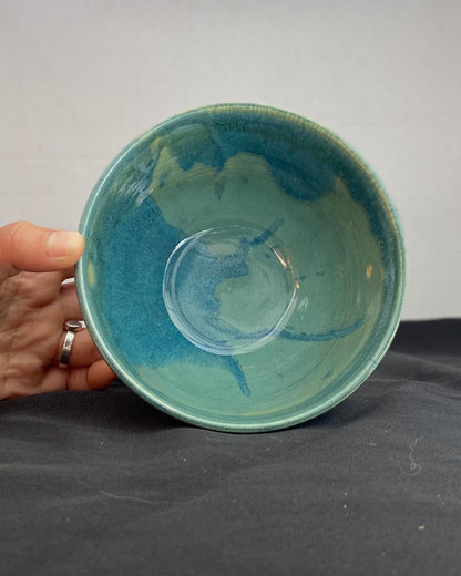 Handmade ceramic ocean bowl with hand-carved ripple texture, and antique blue satin and celadon froth gloss glaze