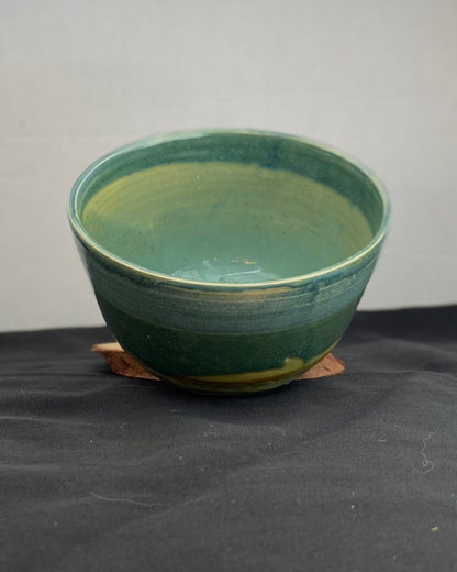 Handmade ceramic ocean bowl with hand-carved ripple texture, and antique blue satin and celadon froth gloss glaze